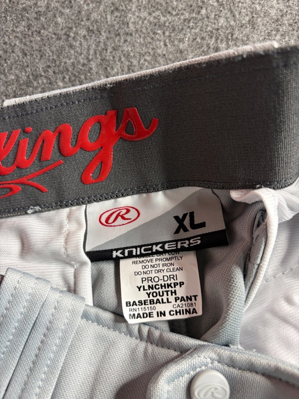 Rawlings Light Gray Youth Baseball Pants with Red Logo - XL